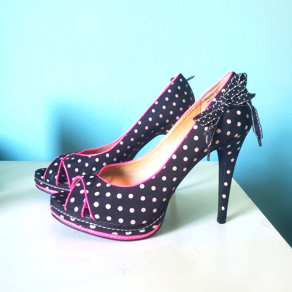 Not Rated Black White Pink Polka Dot Heels